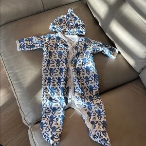 Roller Rabbit Blue and White Monkey Print Footie